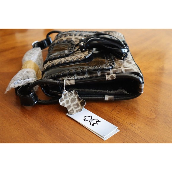 M.C. Patent Leather Blk Gray Faux Gator Print Purse Multiple Compartments Tassel - Picture 9 of 16